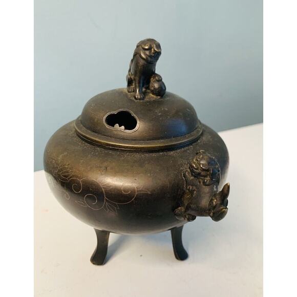 Shuraku Period Chinese Bronze Lion Inlaid Incense Burner Foo Dog Foot Feng Shui - Picture 11 of 12
